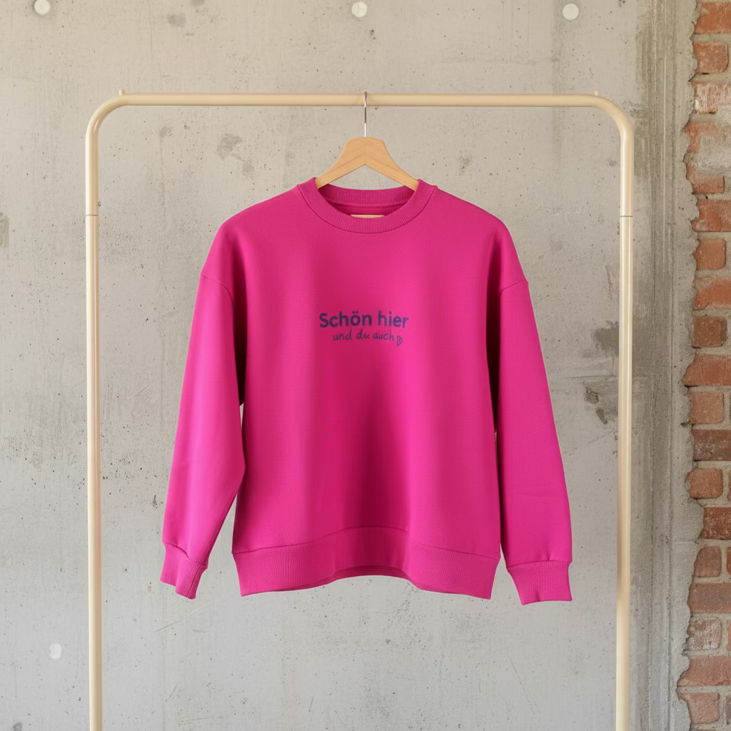 Hochwertiges Sweatshirt "Schön hier" pink/blau