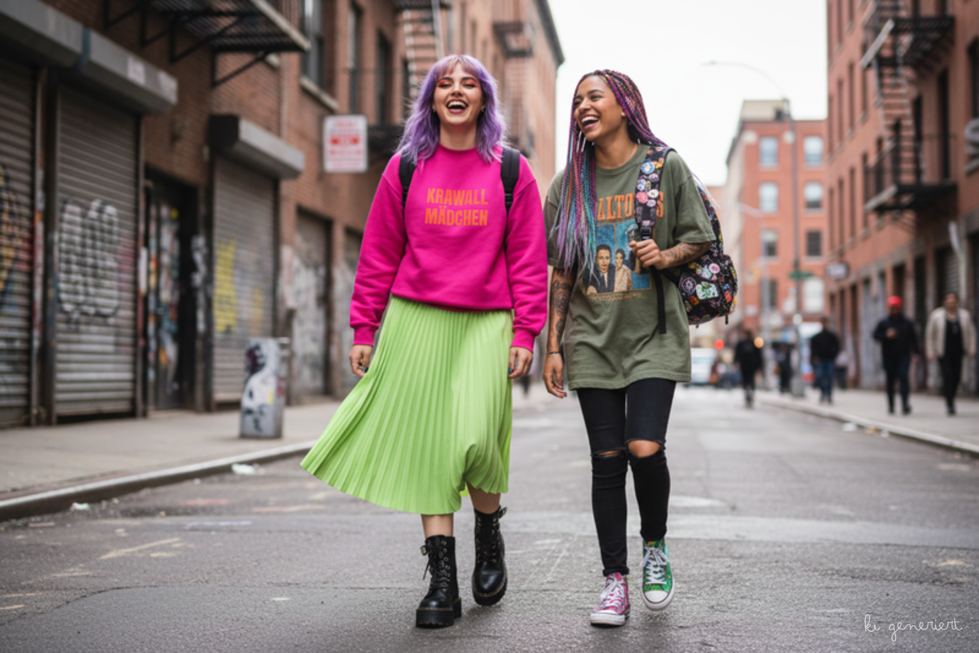Frau trägt Krawall Mädchen Sweatshirt mit neongrünem Rock und Boots