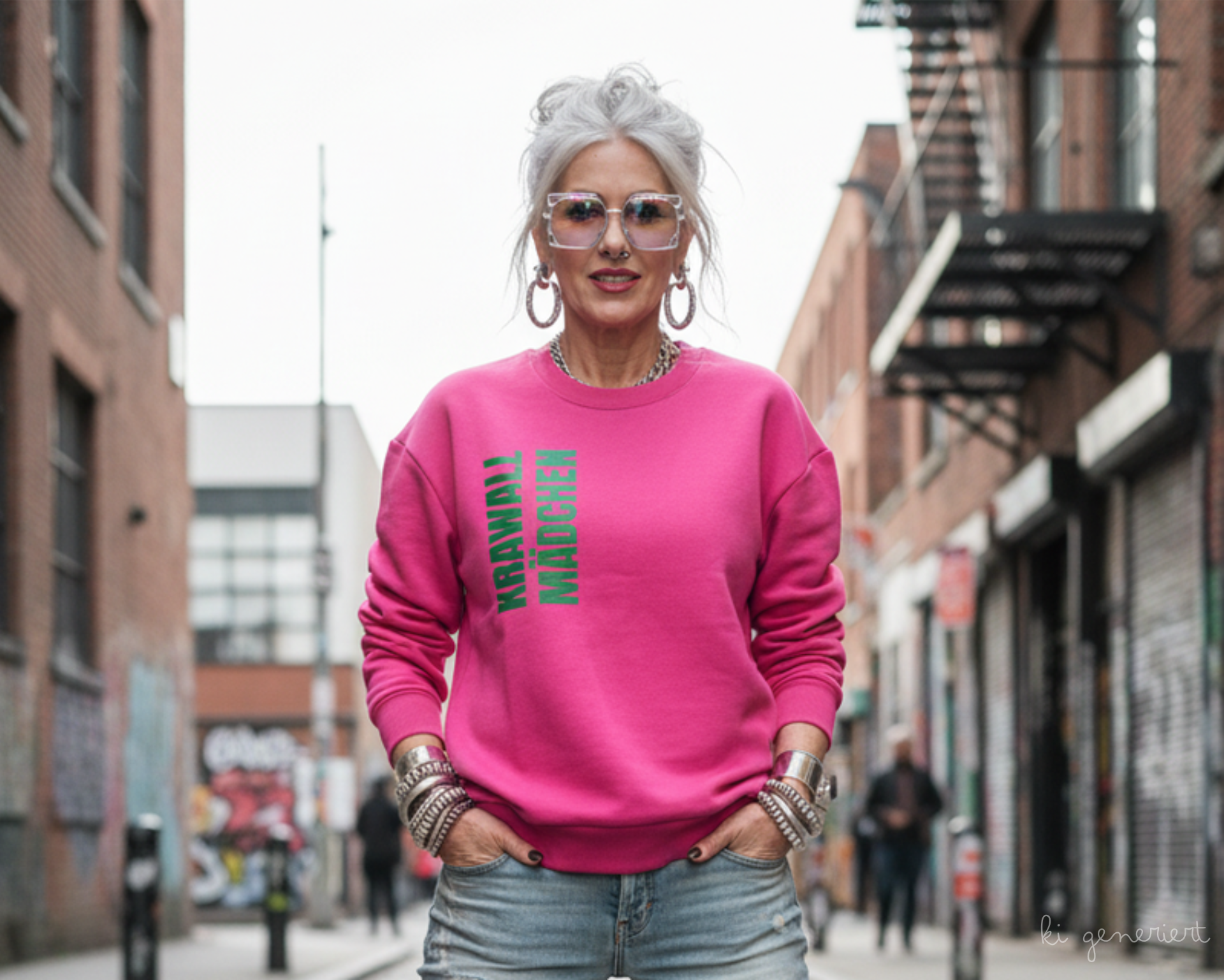 Reife Frau im grünen Sweatshirt